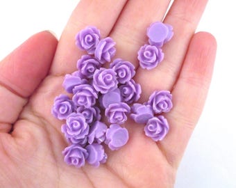 10mm Lavender Flatbacked Resin Rose Cabochons, Flat Backed Plastic Floral Cabs, pick your amount