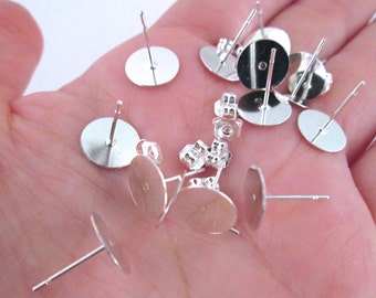 10mm flat pad silver plated ear studs with ear nuts, pick your amount, C205
