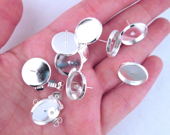 14mm bezel earring stud settings with ear nuts, silver plated, pick your amount, C172