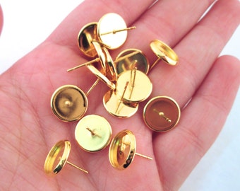 5 pair 12mm round bezel setting earrings, gold plated blank base tray ear findings with ear nuts, stud cabochon settings C161