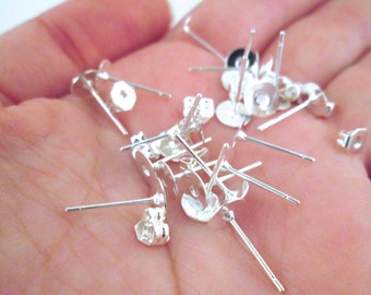 25 pair 6mm round flat pad silver plated earring studs with ear nuts clasps, glue on blank bases C197