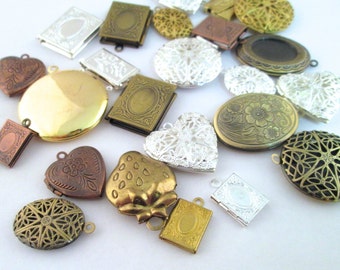 ON SALE 10 piece locket pendant grab bag, mix of silver, antique bronze, copper, raw brass, D241