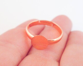 5 or 10 Pieces 8mm Round Glue On Rose Gold Plated adjustable finger ring base blanks, Diy jewelry findings, pick your amount A286
