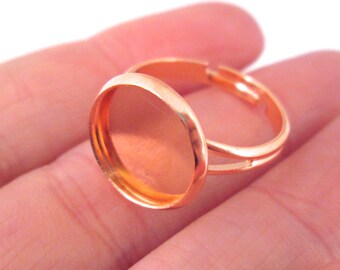12mm rose gold tone round bezel ring blank base trays, adjustable ring findings, pick your amount, A184