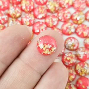 10 Round Flatbacked 10mm Red Pink Resin Foil Cabochons, Flat Backed Acrylic Plastic Cabs, H174