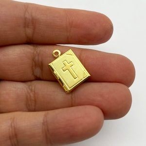 4 Mini Gold Plated Cross Book Locket Charm Pendants, 11x14mm, D137