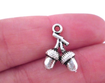 Double sided acorn pendant charms, silver plated, 12x18mm, pick your amount, D41