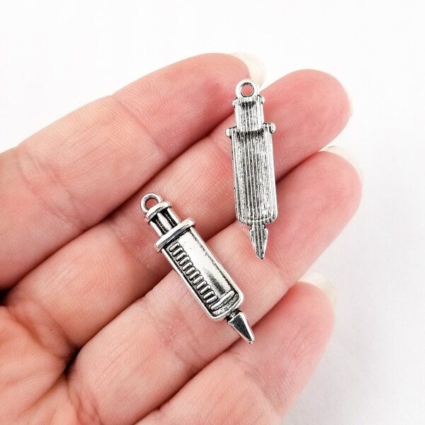 10 Silver Plated Syringe Charms, Medical Charm, Needle Charm, 8x30mm, L282