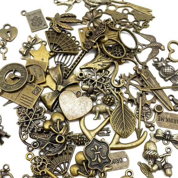 20, 40 or 100 Piece Random Assortment of Bulk Brass Plated Charms, Charm Grab Bag B240