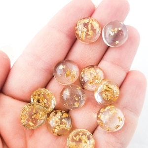 10 Round Flatbacked 12mm Clear Resin Gold Foil Cabochons, Flat Backed Acrylic Plastic Cabs H333