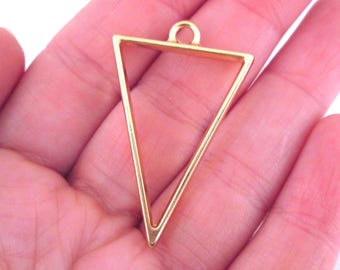 3 Gold Plated 40mm Triangle Charms, Open Bezel Pendant, Diy Resin Frame Blank Base Trays for Pressed Flower Jewelry F141
