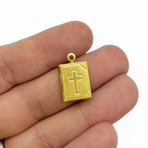 4 Mini Raw Brass Cross Book Locket Charm Pendants, 11x14mm, B194