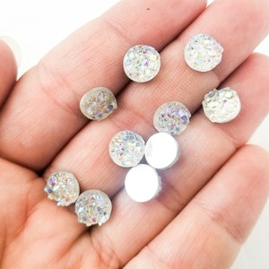 10 Round 8mm Flatbacked Resin Iridescent Clear Chunky Druzy Cabochons, Flat Backed Acrylic Plastic Drusy Cabs H78