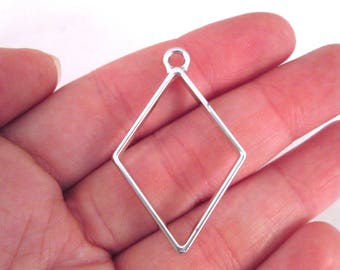 3 Silver Plated 40mm Open Bezel Diamond Pendant Charms, UV Resin Pressed Flower Supplies F143