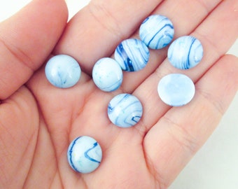 10 Faux Blue Agate/Marble Flatbacked Round Resin Cabochons, 12mm Blue Flat Backed Plastic Cabs, H365