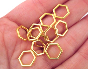 Fifteen 10mm Gold Plated Hexagon Connectors, Brass Hexagon Charms, F85b