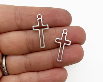 15 Silver Open Bezel Plated Cross Charms, F158a