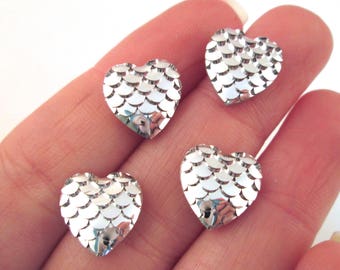 Ten 12mm Silver Flatbacked Resin Heart Fish Scale Cabochons, Mermaid Flat Backed Plastic Cabs, H539