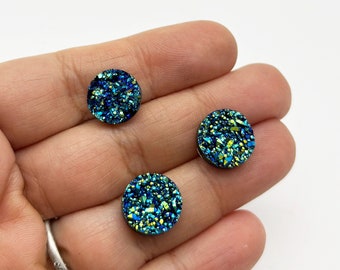 50 metalic blue 12mm round resin drusy cabochons,  druzy cabs H580