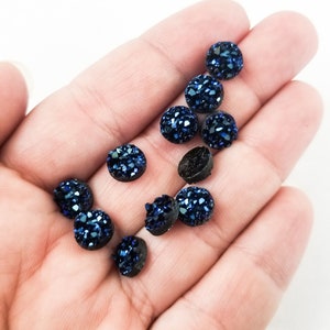 10 Round Dark Blue Chunky 8mm Resin Flat Backed Druzy Cabochons, Flatbacked Acrylic Plastic Drusy Cabs, Fake Gemstone Drusies H559