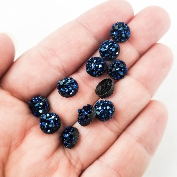 10 Dark Blue Chunky 8mm Resin Flat Backed Druzy Cabochons, Flatbacked Plastic CabsH559