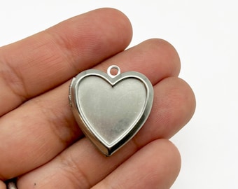 2 Stainless Steel Heart Lockets With With a Shallow Bezel Front, Locket Pendant Charm D85