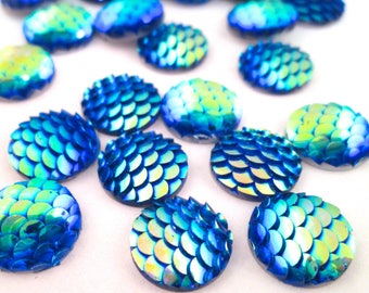 Ten 10mm Blue Iridescent Fish Scale Flat Backed Resin Cabochons, Mermaid Flatbacked Plastic Cabs, h403