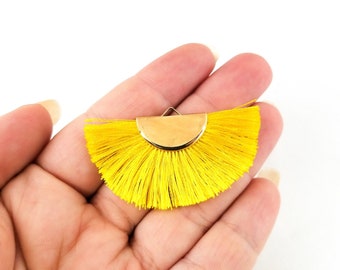 4 Yellow Half Moon Pendant Tassel Charms, Half Circle Tassel, Fan Tassel, Dyed Thread approx. 30x55mm, L215