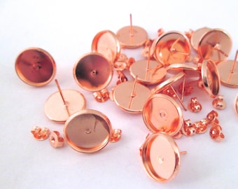 12mm round bezel stud earring blank base settings, rose gold finish ear findings, pick your amount, diy tray settings C157