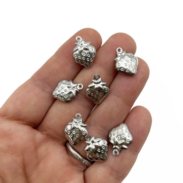 15 Stainless Steel Strawberry Charms B149