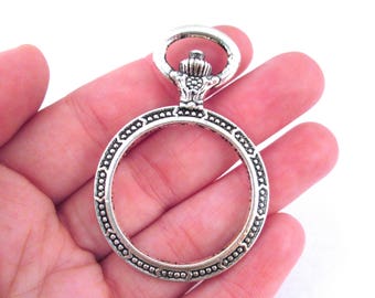2 Round 30mm Silver Plated Open Bezel Pendant, Pocket Watch Charms, Frames for Uv Resin Pressed Flower Jewelry  F247