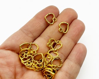 6 Double Sided Small Gold Plated Open Bezel Valentines Day Heart Charm, Great for UV Resin, H321