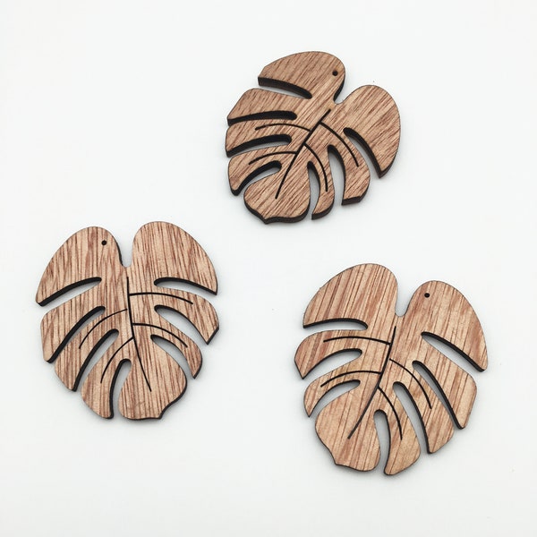 6 Huge Wood Monstera Leaf Pendant Charms, Cute Wooden Leaves, Q64