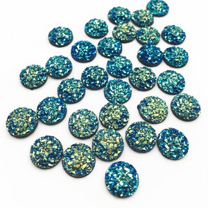 10 metalic blue gold 10mm round flatbacked resin druzy cabochons, flat backed acrylic plastic drusy cabs, fake gemstone drusies H542