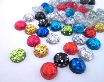 10 10mm Assorted Color Round Flatbacked Resin Glitter Cabochons, mixed color flat backed acrylic plastic glittery cabs H204