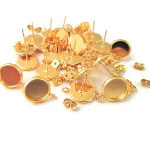 10mm bezel stud earrings with loop, gold plated, with ear nuts, pick your amount, C140