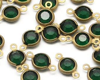 20 Round Vintage Faceted Dark Green Glass Connecter Pendants With a Raw Brass Bezel L348