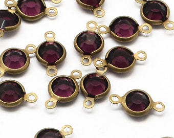 20 Vintage Round Faceted Purple Glass Connecter Pendants With a Raw Brass Bezel L361