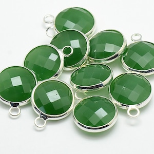 DESTASH SALE 2 Faceted Round Glass Single Loop Pendants, Jade Green Drops Charms with a Smooth Silver Plated Bezel L481