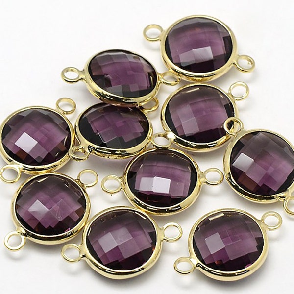 DESTASH SALE  2 Round Faceted Glass Connecter Pendants, Amethyst Purple Drops with a Smooth Gold Plated Bezel L527