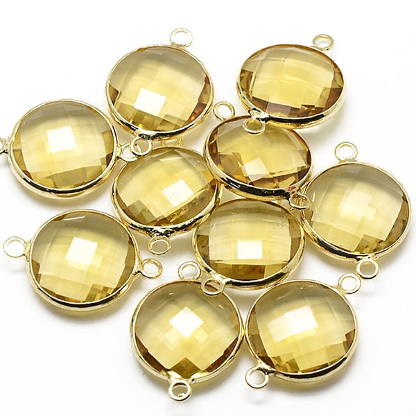 DESTASH SALE 2 LARGE Round Citrine Yellow Faceted Glass Connecter Pendants with a Smooth Gold Plated Bezel L502