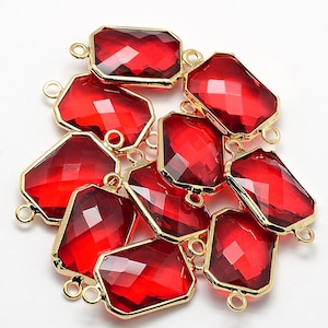 DESTASH SALE 2 Red Glass 22mm Connecter Rectangular Pendants,  Faceted Connector Charm Rectangles with a Smooth Gold Plated Bezel  L509