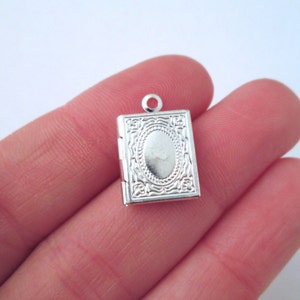 4 Mini silver plated book locket charms, 11x14mm,  D197