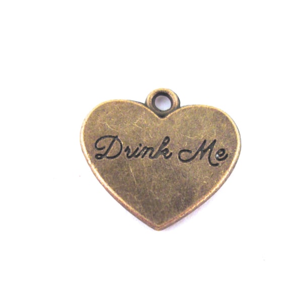 Brass Plated "Drink Me" Heart Charms, Pick Your Amount, D89