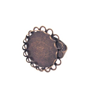 Five Brass 20mm Round Scalloped Lace Edged Ring Blanks, Bronze Adjustable Tray Bezel Setting Base, A199