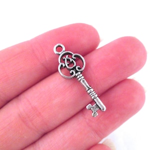 May include: Silver key charm with an ornate design. The key has a loop at the top for attaching to a necklace or bracelet.