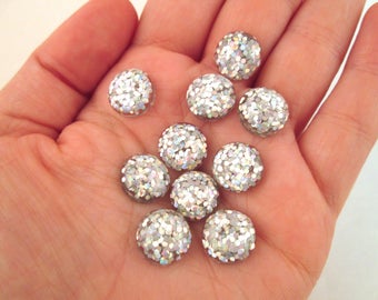 10 Round Flatbacked 12mm Silver AB Holographic Resin Glitter Cabochons, Flat Backed Glittery Acrylic Plastic Cabs H207
