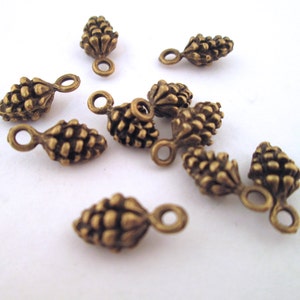 Brass plated small 13mm pine cone charms, bronze pinecone pendants, pick your amount, D64