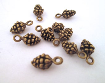 Brass plated small 13mm pine cone charms, bronze pinecone pendants, pick your amount, D64
