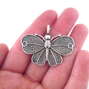 6 Large antique silver butterfly pendants, moth charms, L13